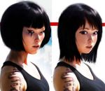  black_hair blue_eyes comparison faith_(mirror&#039;s_edge) official_art photoshop short_hair tattoo 