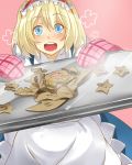  alice_margatroid apron bad_id cookie food kirisame_marisa matsurizaki oven_mittens oven_mitts plate smile solo touhou yukkuri_shiteitte_ne 