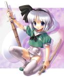  bokken child dual_wield dual_wielding hairband katahira_masashi konpaku_youmu konpaku_youmu_(ghost) myon no_pants one-piece_swimsuit ribbon school_swimsuit shinai silver_hair swimsuit swimsuit_under_clothes sword thigh-highs thighhighs touhou weapon white_school_swimsuit wooden_sword 