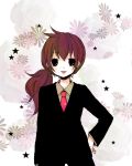  brown_hair flower formal hand_on_hip necktie original pant_suit star suit tsubomi-chan 