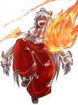  angry fire flames fujiwara_no_mokou hair_ribbon hitsuji_bako long_hair ribbon silver_hair solo touhou you_gonna_get_raped 