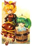  blonde_hair bucket girl_in_bucket green_eyes green_hair hair_bobbles hair_ornament hand_holding holding_hands in_bucket in_container kisume kurodani_yamame touhou twintails wink 
