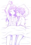  2girls alarm_clock arm_hug arm_up bed blanket blush clock closed_eyes couple dokidoki!_precure hishikawa_rikka kenzaki_makoto long_hair lying monochrome multiple_girls open_clothes open_shirt pillow precure short_hair sioagya sleeping wink yuri 