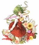  breasts closed_umbrella dress flower green_hair impossible_clothes impossible_shirt impossible_vest kazami_yuuka kukicha parasol plaid plaid_skirt plaid_vest plant pleated_skirt red_eyes ribbon shirt skirt skirt_set solo touhou umbrella white_background 