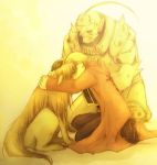  alphonse_elric armor braid chimera edward_elric flamel_symbol fullmetal_alchemist hug kneeling lowres nina_tucker single_braid spoilers yellow 