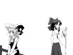  broom detached_sleeves hakurei_reimu hat kirisame_marisa kirishima_mizuki_(artist) mizu_kiri monochrome ribbon sitting touhou witch_hat 