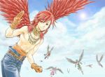   aegyl clouds final_fantasy final_fantasy_xii final_fantasy_xii_revenant_wings flying gloves llyud male mana_tohno red_eyes redhead sky smile topless wings  