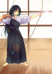  1girl absurdres archery archery_dojo arrow barefoot black_hair bow_(weapon) breastplate gloves hakama highres japanese_clothes kimono kyuudou lens_flare long_hair love_live!_school_idol_project muneate odamanoe sonoda_umi weapon wooden_floor yugake 