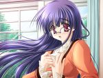 game_cg glasses ipponyari_tamayo long_hair open_mouth purple_hair red_eyes usotsuki_wa_tenshi_no_hajimari 