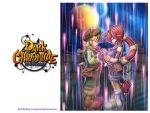  1girl 2003 dark_chronicle dark_cloud_2 holding_hands logo max monica monica_raybrandt official_art redhead title_drop 