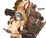  bandolier bazooka blue_hair breasts bullet cigar engrish explosive grenade gun hammer_and_sickle headdress horse indian_headdress lighter midriff missile monster native_american_headdress original ranguage rifle sanzhuangwangcat tattoo under_boob underboob warbonnet weapon 