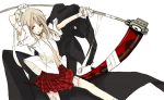  bad_id bandage bandages brown_hair coat gloves green_eyes katsura_miya maka_albarn mi_(pixiv295220) open_clothes open_shirt scythe shirt sketch skirt sleeves_pushed_up soul_eater soul_eater_(character) twintails weapon white_background 