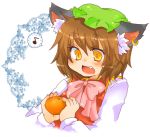  brown_hair cat_ears chen earrings fang food fruit hat holding holding_fruit jewelry musical_note open_mouth orange pun ribbon short_hair solo takamura touhou yellow_eyes 