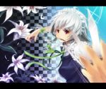  bad_id braid flower izayoi_sakuya knife letterboxed lilies lily_(flower) mouth_hold nauribon petals red_eyes silver_hair solo touhou twin_braids 