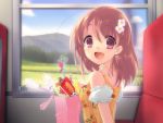  :d brown_hair candy choker field flyable_heart game_cg hair_ornament hairclip highres inaba_yui itou_noiji lollipop nature open_mouth red_eyes scenery short_hair smile sweets train turning wallpaper window 