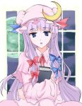  akamatu-yuu book crescent hat long_hair patchouli_knowledge purple_eyes purple_hair ribbon solo touhou violet_eyes 