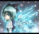  bad_id blue blue_eyes blue_hair bow bust cirno glowing hair_bow ice ice_wings letterboxed looking_back open_mouth puffy_sleeves short_hair short_sleeves solo takemori_shintarou touhou wings 