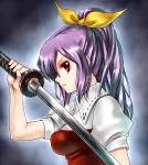  bow hair_bow long_hair ponytail profile purple_hair red_eyes sword takemori_shintarou touhou watatsuki_no_yorihime weapon 