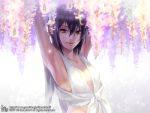  armpits arms_up bare_shoulders black_hair flower foo* petals smile yellow_eyes 