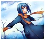  1girl absurdres ahoge black_legwear blue_eyes blue_hair coat gloves highres musical_note nanakusa outstretched_arms scan scarf smile snowing solo spread_arms treble_clef 
