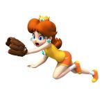  :o baseball_glove blue_eyes brown_hair crown nintendo official_art open_mouth polygon princess_daisy shorts super_mario_bros. 