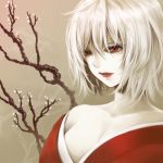  bare_shoulders branch breasts cleavage colored_eyelashes eyelashes face lips lipstick original pale_skin red_eyes red_lipstick short_hair solo takoyaki_(pixiv26155) tree ueda_takashi white_hair 