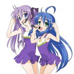  blue_eyes blue_hair cheerleader eunos green_eyes hiiragi_kagami izumi_konata lucky_star microphone purple_hair singing 