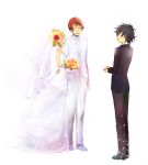  bouquet bride dress flower formal good_end gundam gundam_00 hair_flower hair_ornament louise_halevy mina_m saji_crossroad setsuna_f_seiei short_hair simple_background smile suit wedding wedding_dress 