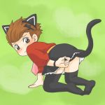  animal_ears bad_id blush brown_eyes brown_hair cat_ears cat_tail child cosplay crossdressing crossdressinging green_background karol_capel kurumi_(forte) lowres male rita_mordio rita_mordio_(cosplay) skirt tail tales_of_(series) tales_of_vesperia thigh-highs thighhighs trap 