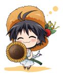  black_hair chibi closed_eyes dress flower hat idolmaster kikuchi_makoto sandals short_hair solo sunflower 