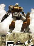  cliff cloud clouds gm_(mobile_suit) gun gundam gundam_0083 machine_gun mecha no_humans powered_gm sandrum shield weapon zaku zaku_ii zaku_ii_f2 