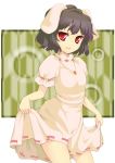  black_hair bunny_ears carrot dress dress_lift flat_chest inaba_tewi jewelry jungetsu_hoko legs naughty_face pendant rabbit_ears red_eyes short_hair solo thighs tongue touhou 
