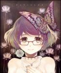  butterfly earrings flower glasses jewelry manbou_no_suiso multicolored_eyes multicolored_hair nail_polish necklace original short_hair smile 