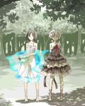  ankle_lace-up black_eyes black_hair cross-laced_footwear dress drills flat_chest forest frills fukurou glasses hat hat_removed headwear_removed holding holding_hat multiple_girls nature original sandals short_hair smile tree tree_shade white_hair yellow_eyes 