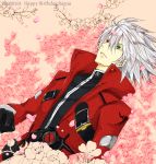  bad_id blazblue cherry_blossoms flower green_eyes heterochromia lycee male petals ragna_the_bloodedge red_eyes short_hair silver_hair 