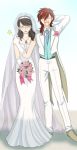  bouquet bride brown_hair dress earrings flower formal glasses gloves good_end gundam gundam_00 jewelry kati_mannequin necklace nemunemu patrick_colasour short_hair smile spoilers suit wedding wedding_dress 