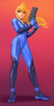  bodysuit e-jin gun highres metroid nintendo ponytail purple_eyes samus_aran violet_eyes weapon zero_suit 