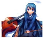  1girl absurdres black_legwear blue_eyes blue_hair cello coat_removed from_above hair_ornament hairclip highres instrument knees_together_feet_apart looking_at_viewer looking_up nanakusa necktie pantyhose scan scarf sitting skirt snow solo 