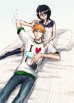  1girl bed black_hair bleach casual couple kuchiki_rukia kurosaki_ichigo magazine orange_hair work_in_progress 