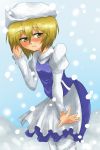  1girl blonde_hair cosplay face harusame_(unmei_no_ikasumi) hat letty_whiterock letty_whiterock_(cosplay) lunasa_prismriver short_hair snow solo touhou yellow_eyes 