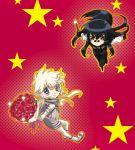  black_hair blonde_hair blue_eyes blush boots bouquet chibi do-m flower glasses gloves grave_violento grey_eyes gundam gundam_00 gundam_00p hixar_fermi knife long_hair male pink rose smile star sunglasses 