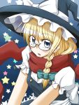  bespectacled blonde_hair blue_eyes braid glasses hat kirisame_marisa kirishima_mizuki_(artist) mizu_kiri scarf star touhou witch_hat 