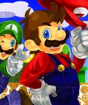  brothers brown_hair denim facial_hair gloves hat luigi male mario mustache nintendo overalls siblings super_mario_bros. v wink 