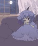  blue_hair couch hat highres moon oto red_eyes remilia_scarlet short_hair touhou window wings 