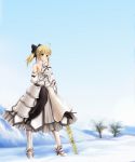  armor armored_dress armpits blonde_hair bow cruizer detached_sleeves dress fate/stay_night fate/unlimited_codes fate_(series) faulds gauntlets gloves green_eyes hair_bow highres ponytail saber saber_lily snow solo sword type-moon weapon 