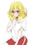  1girl angry bangs blonde_hair blue_eyes blush closed_mouth commentary_request eyebrows_visible_through_hair frown girls_und_panzer gym_uniform looking_away medium_hair name_tag oshida_(girls_und_panzer) red_shorts shirt short_shorts shorts shutou_mq simple_background single_vertical_stripe solo standing sweatdrop t-shirt upper_body v-shaped_eyebrows white_background white_shirt 
