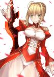  1girl aestus_estus ahoge arm_at_side bangs blush breasts cleavage cleavage_cutout cowboy_shot dress epaulettes eyebrows_visible_through_hair fate/extra fate_(series) gluteal_fold green_eyes hand_up holding holding_sword holding_weapon juliet_sleeves large_breasts light_smile long_sleeves looking_at_viewer luzi motion_blur navel nero_claudius_(fate) nero_claudius_(fate)_(all) panties petals puffy_sleeves red_dress saber_extra see-through short_hair sidelocks simple_background solo standing sword thigh_gap thighs underwear waist_cape weapon white_background 