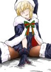  1girl artoria_pendragon_(all) blonde_hair blush cape eyebrows_visible_through_hair fate/grand_order fate_(series) fur-trimmed_legwear fur_trim hair_between_eyes hat highres naughty_face pantyhose saber_alter santa_costume santa_hat sera_(hitsuji_to_kitsune) solo spread_legs thigh-highs white_background yellow_eyes 