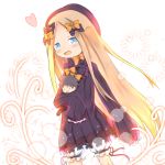  1girl :d abigail_williams_(fate/grand_order) bangs black_bow black_dress black_hat black_pants blonde_hair bloomers blue_eyes blush bow butterfly character_doll commentary_request dress eyebrows_visible_through_hair fate/grand_order fate_(series) forehead fujimaru_ritsuka_(male) hair_bow hat highres long_hair long_sleeves looking_at_viewer object_hug open_mouth orange_bow pants parted_bangs polka_dot polka_dot_bow sleeves_past_fingers sleeves_past_wrists smile solo su_guryu underwear very_long_hair white_bloomers 