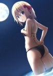  1girl :o adjusting_clothes adjusting_swimsuit ass bare_arms bare_back bare_shoulders bikini black_bikini blonde_hair blush dutch_angle eyebrows_visible_through_hair flat_chest from_behind full_moon hair_between_eyes hair_ribbon hand_on_own_chest hard highres looking_at_viewer looking_back moon moonlight ocean open_mouth outdoors red_eyes red_ribbon ribbon rumia short_hair solo swimsuit tareme thighs touhou water 
